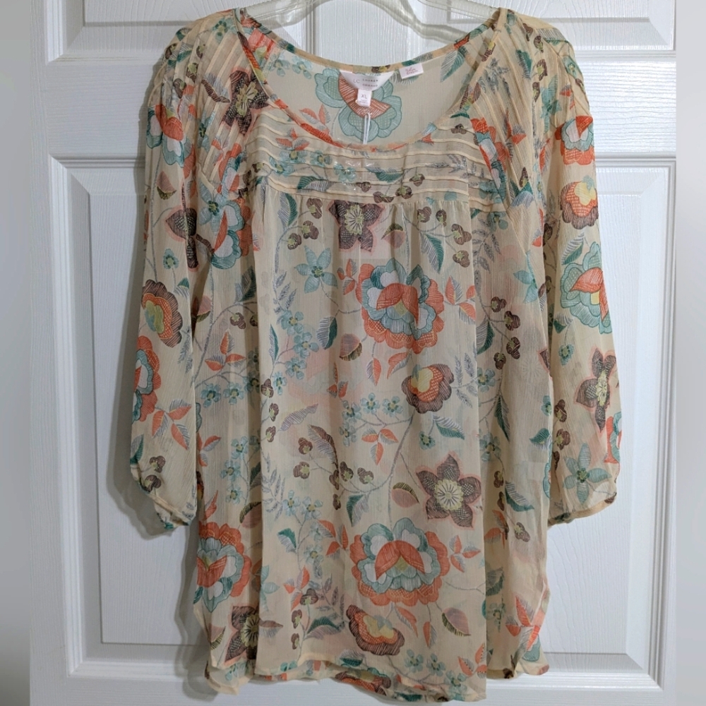 NWT LC Lauren Conrad Floral Blouse - Cream, Orange, Blue